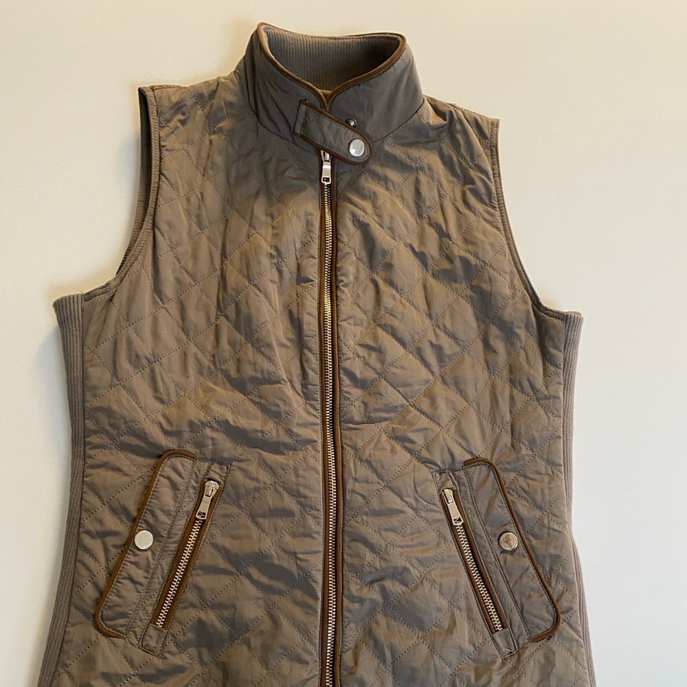 ZARA Quilted Olive Green with Brown Leather Trim Vest